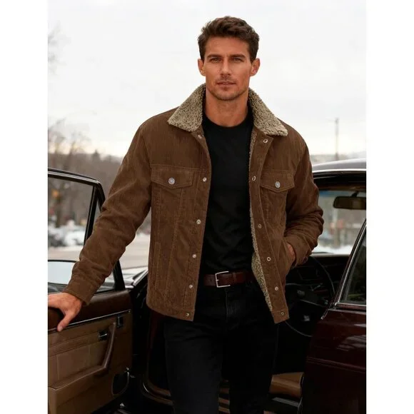 Mens Brown Corduroy Jacket Sherpa Lined Warm Winter Trucker Cargo Coat